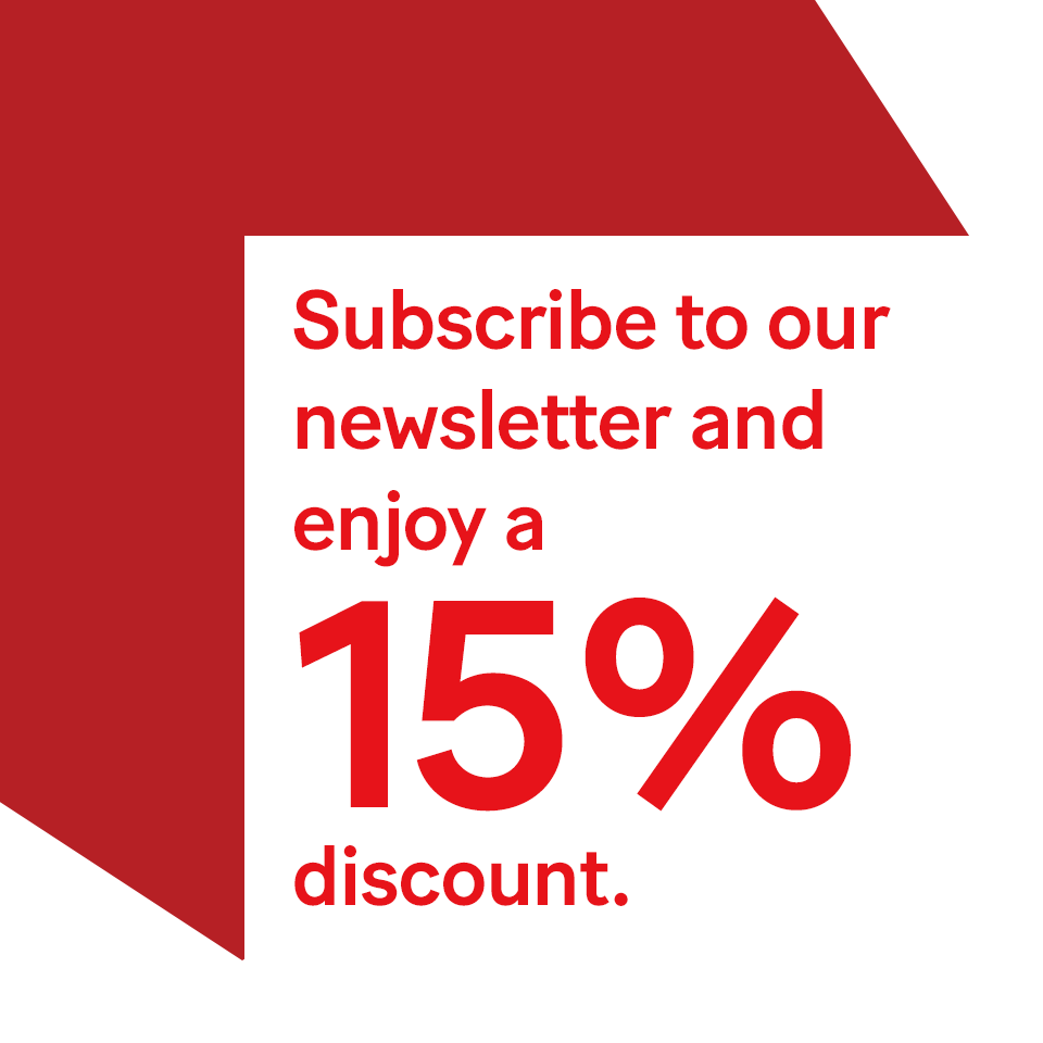 Promotional visual in red and white offering 15% discount for subscribing to the Simplex newsletter